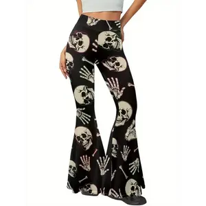 Gothic Skull Print Flare Leg Pants - 1pc High Waist Stretchy Elastic Waistband, Women's Sexy Halloween Pattern Knit Polyester, All-Season Bell Bottoms