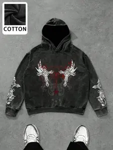 Oversized Grunge Angel Wings Hoodie, Washed Black Dark Aesthetic Pullover, Gothic Y2K Graphic Sweatshirt, Heavyweight Cotton Hoodie