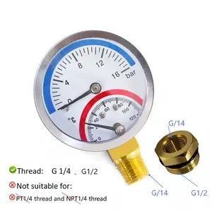 Y50 Radial Temperature Pressure Gauge 0-16bar, 0-120°c, Suitable for G1/2 or G1/4 Thread Interface, Includes Water Seal Tape