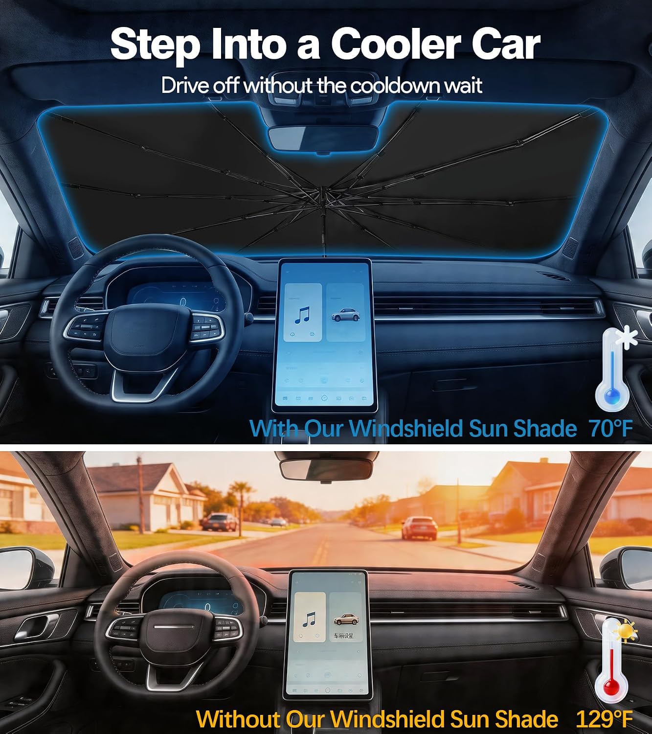 Two Packs [Upgraded] Windshield Sun Shade Umbrella - [Vinyl Coating Heat Shield] Protect Car from Sun Rays & Heat Damage Keep Cool and Protect Interior, Spring Structure Edge Medium 56" L x 31" W, Durable Sun Shade, Shade For Car Window