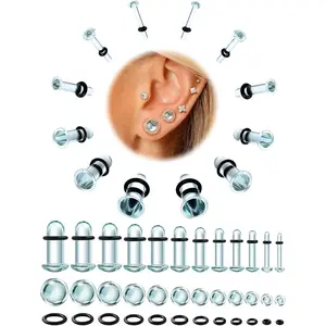 GEMQUEEN 24 PCS 0.5mm Increments Glass Ear Stretching Kit : Hypoallergenic 14G-1/2 Ears Plugs Tunnels Gauge Dead Stretching Kit with Rubber O-Rings Comfy Flare Domed Body Piercing Jewelry