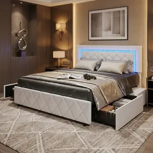 win/Full/Queen Upholstered Bed Frame White, LED Lights (USB Strip, Remote/App Control), Diamond Tufted Headboard/Footboard, Storage Drawers (Twin:2/Full/Queen:4), No Box Spring