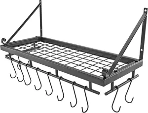 Hanging Pot Holder Rack - Kitchen Shelf for Storage & Organization - Includes 12 Hooks - Southern Homewares