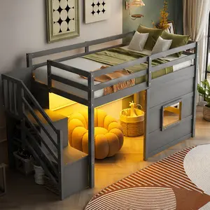 ARCH Twin Size Loft Bed with Storage Staircase and Window, LED Light, Solid Wood+MDF Frame, Gray, Space-Saving Design for Kids Bedroom, No Box Spring Needed, Sturdy Pinewood Construction, Fun Playful Bed with Safety Guardrails, Twin Size Options