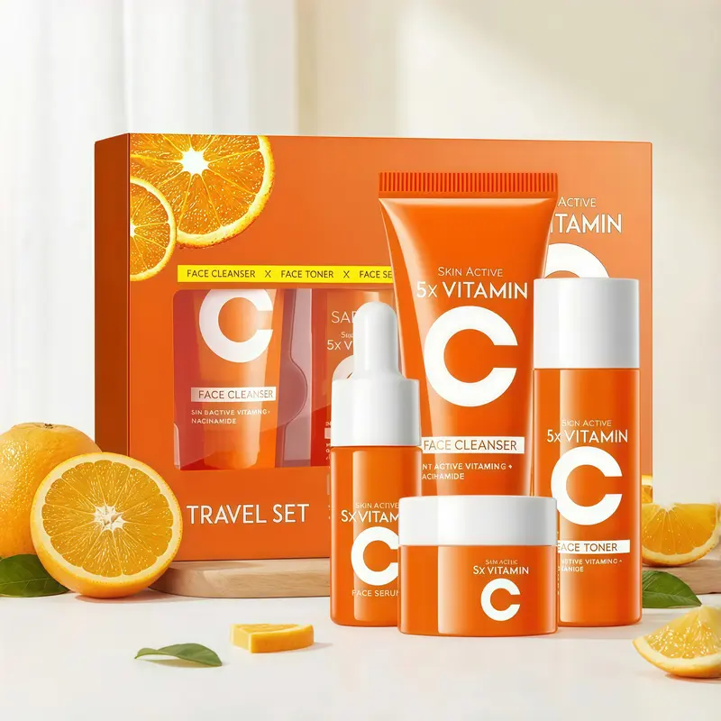 Skin Active 5x Vitamin C Hydrating Smoothing Face Care Travel Kit for Adults, Portable Skin Products for Business Trips, Includes 30g Facial Cleanser, 10mL Serum, 30mL Toner, 15g Face Cream, Ideal Gift for Mom