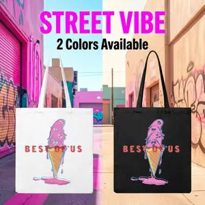 Aesthetic Graphic Canvas Tote Bag - Y2K Cute Ice Cream Ghost Shoulder Purse, Casual Eco-Friendly Shopping Bag for School, Travel, Outdoors
