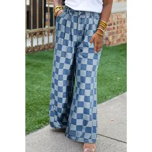 Dusk Blue Plus Size Checkered Seamed High Waist Wide Leg Jeans