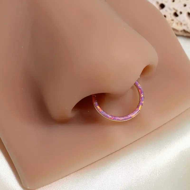 16g Gold Septum Piercing Clicker Ring with Pink Opal Inlay