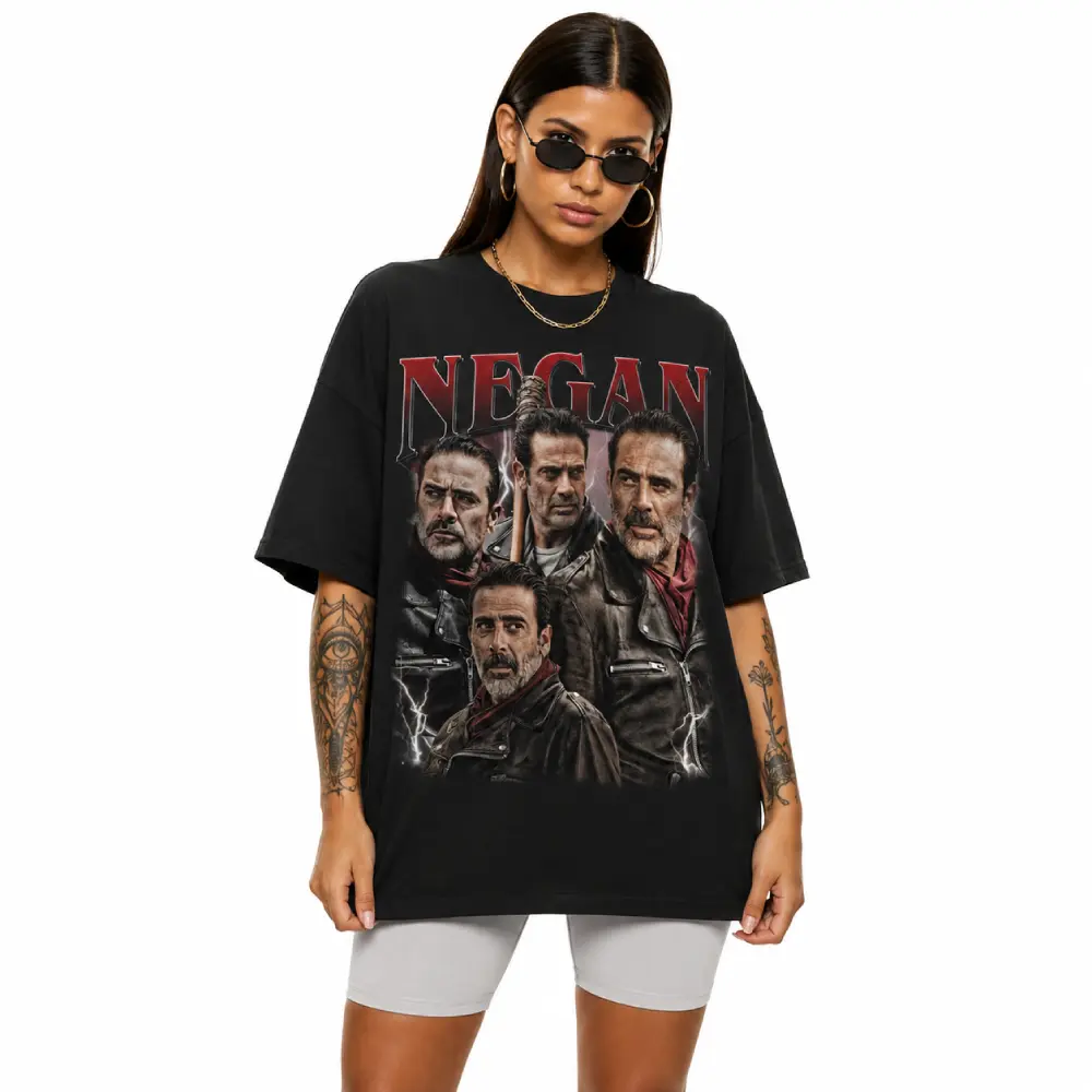 Negan The Walking Dead Graphic T-Shirt Lucille Bat Villain AMC Zombie Apocalypse Gift for Horror TV Show Fan Casual Fitted