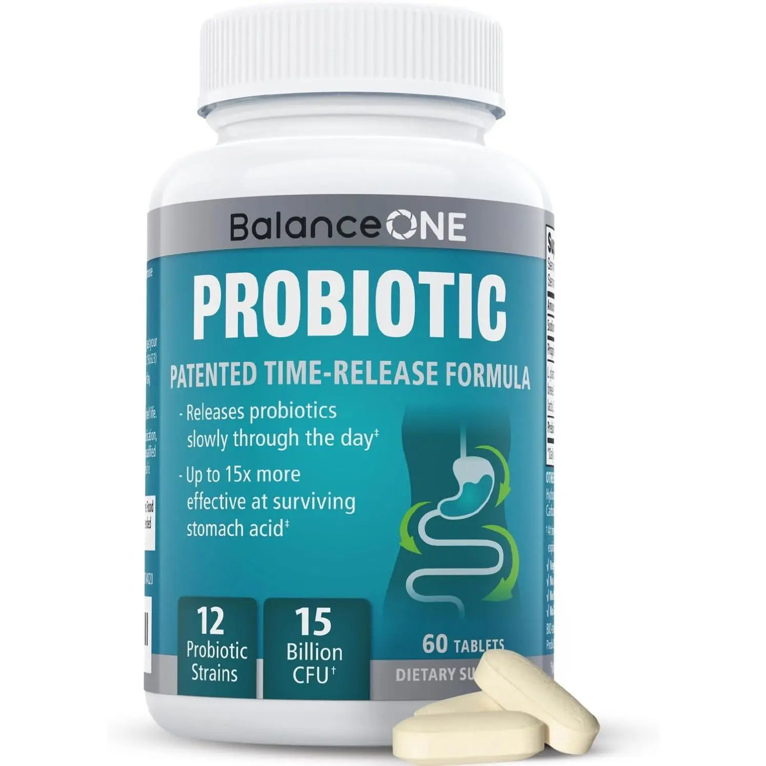 Probiotic Supplement for Women & Men 15 Billion CFU 12 Strains | Time Release Tablets for Gut Health, Digestive Support & Gas Bloating Relief | 15x More Survival Than Capsules | 60-Day Supply 60 Count