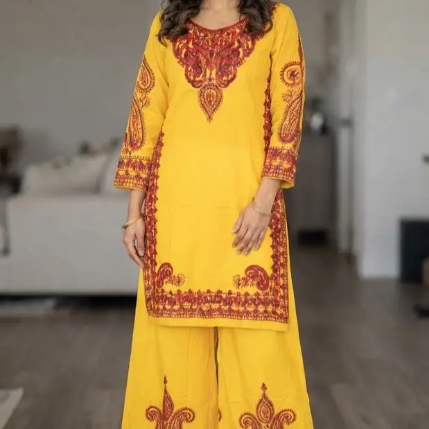 Bright Yellow Embroidered 2-Piece Co-ord Set (Size 36) | Soft Fabric Longline Kurti Top & Wide-Leg Palazzo Pants Matching Set (39" Length)