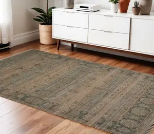 HomeRoots 570600 4 x 6 ft. Brown Dark Gray & Dark Turquoise Oriental Hand Woven Rectangle Area Rug with Fringe