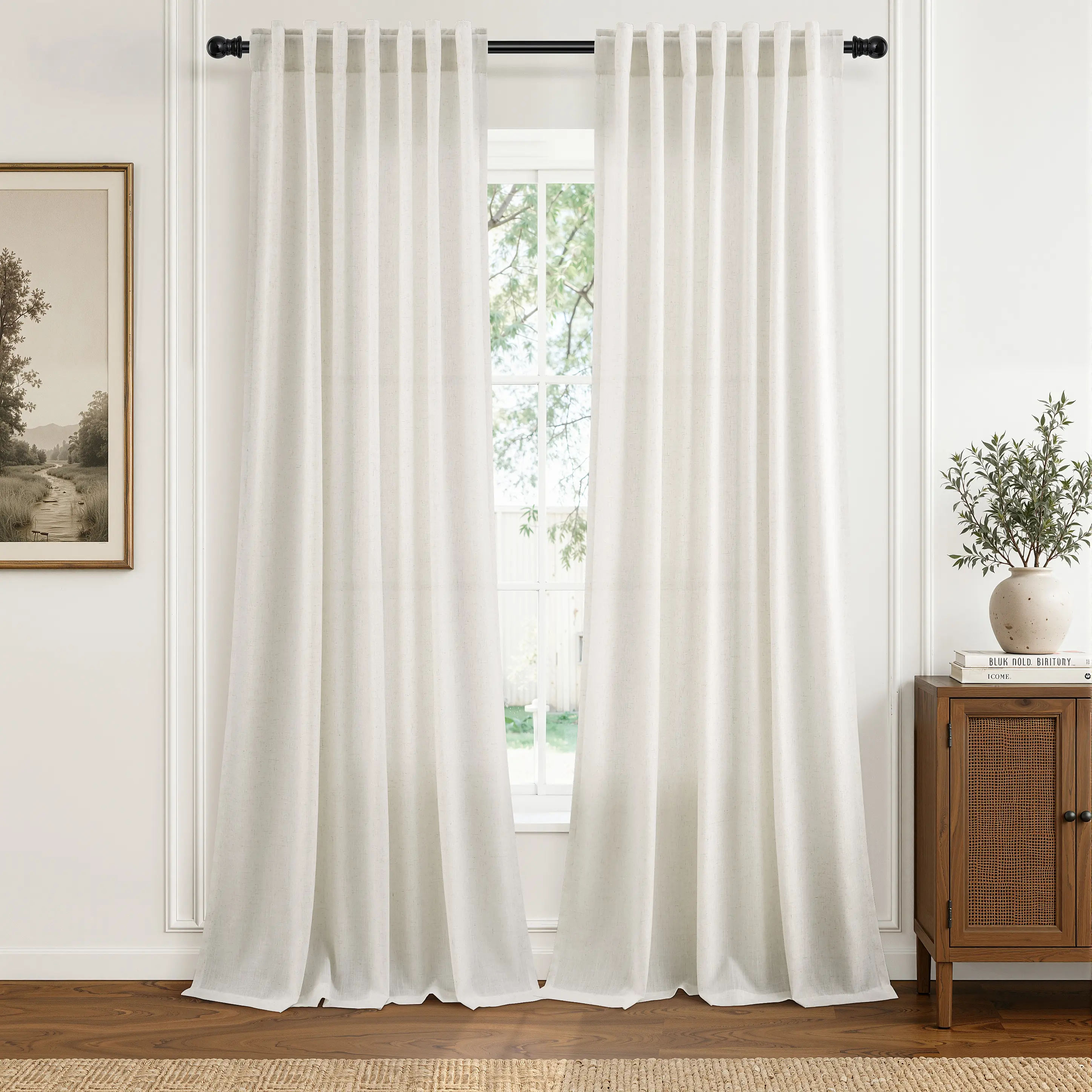 Jowels Linen Semi Sheer Curtains 2 Panels for Living Room Light Filtering , Back Tab Rod Pocket Pleated Look, Privacy Drapes for Bedroom Window, Boho Farmhouse