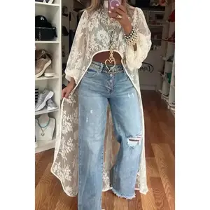 Women's round neck lace short front long casual top
