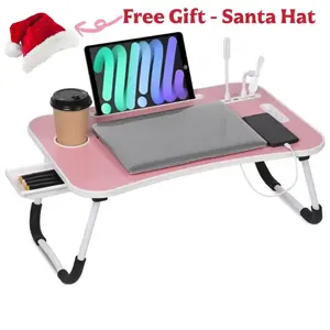 Ultra Large Portable Foldable Laptop Bed Desk, Lap Desk Tray Table with 4 USB Ports, Storage Drawer and Cup Holder, for Bed/Couch Working, Reading (Free Gift - Santa Hat)