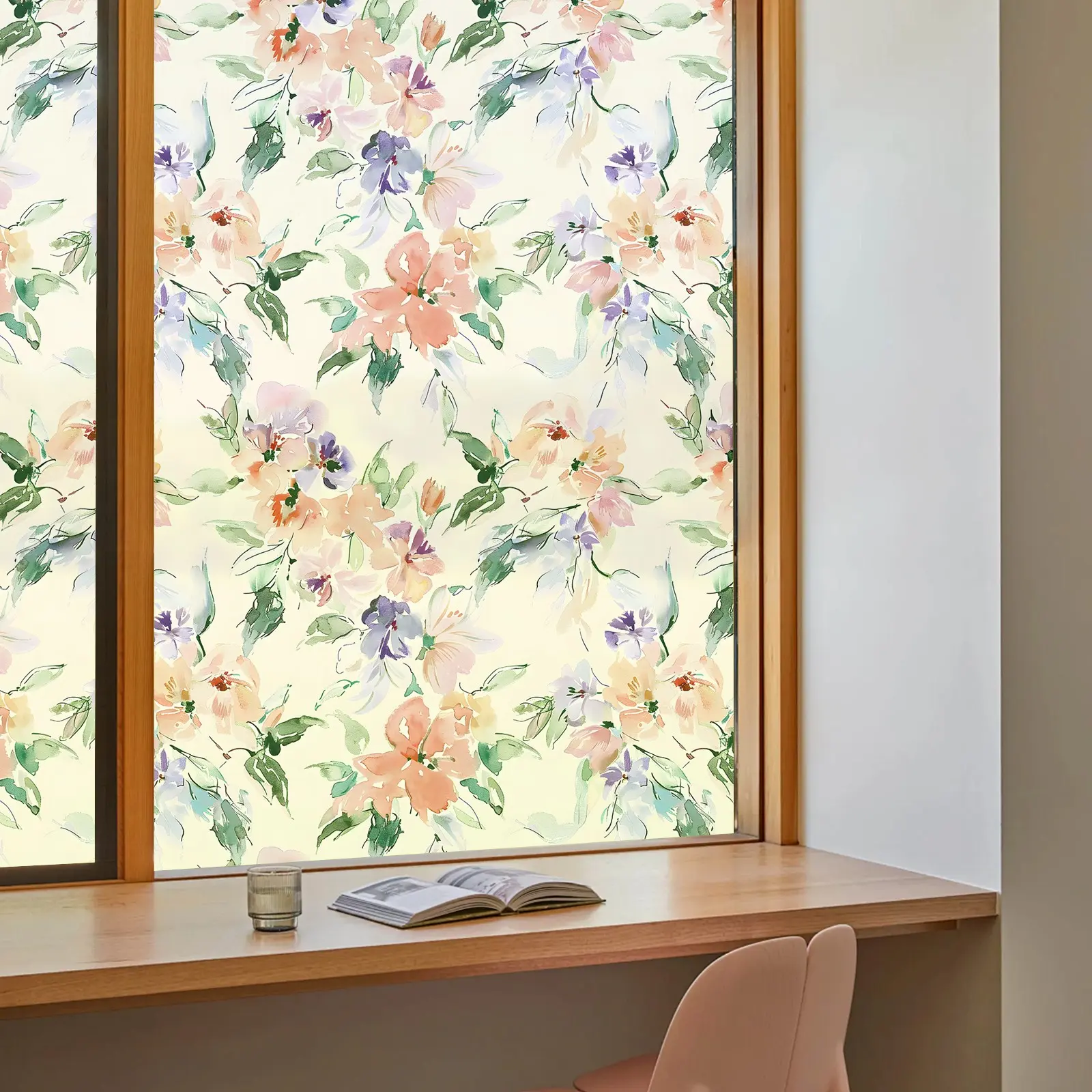 Watercolor Chrysanthemum Privacy Glass Film, Static Non-Glue Removable Frosted Window Sticker, Window Decal, Window Frosting Film, UV Protection Bathroom Kitchen Bedroom Decor, Decorative Stickers, Kitchen Bathroom Decoration