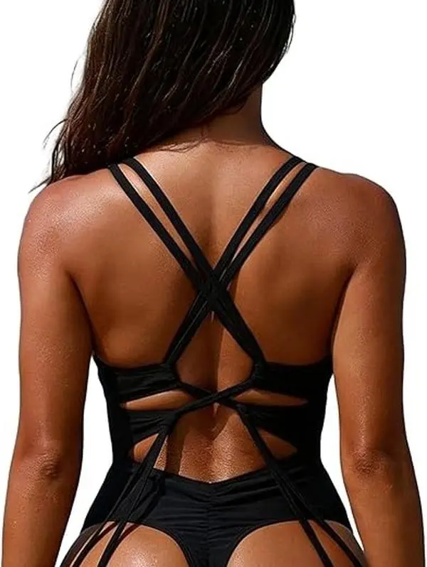 Women Sexy One Piece Swimsuit Cheeky Thong Ruched Bathing Suit Tummy Control High Cut Crisscross Swim Suits