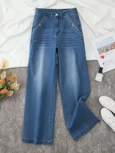 Lady's Minimalist Mid-Waist Wide-Leg Baggy Denim Jeans - Stitch Decor, Washed, Belt-Free, Fitted Pocket, Medium Blue, XL, Easter Streetwear Women's Bottoms