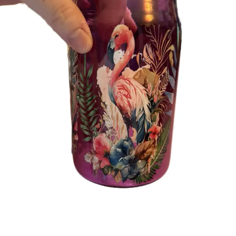 16 oz Pink Glass Flamingo Cup with Vibrant Floral Design and Flamingo Illustration