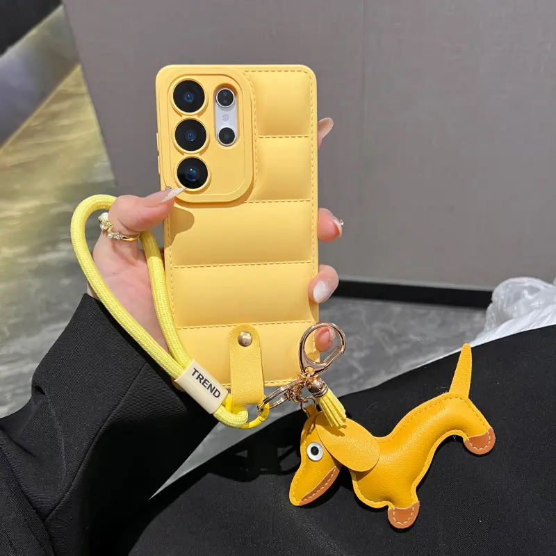 Down Jacket Phone Case + Dachshund Lanyard Set, full coverage shockproof and stain-resistant, multiple colors available, stylish high-value protective case for Samsung S23/S24/S25/S26 Pro, Ultra series.