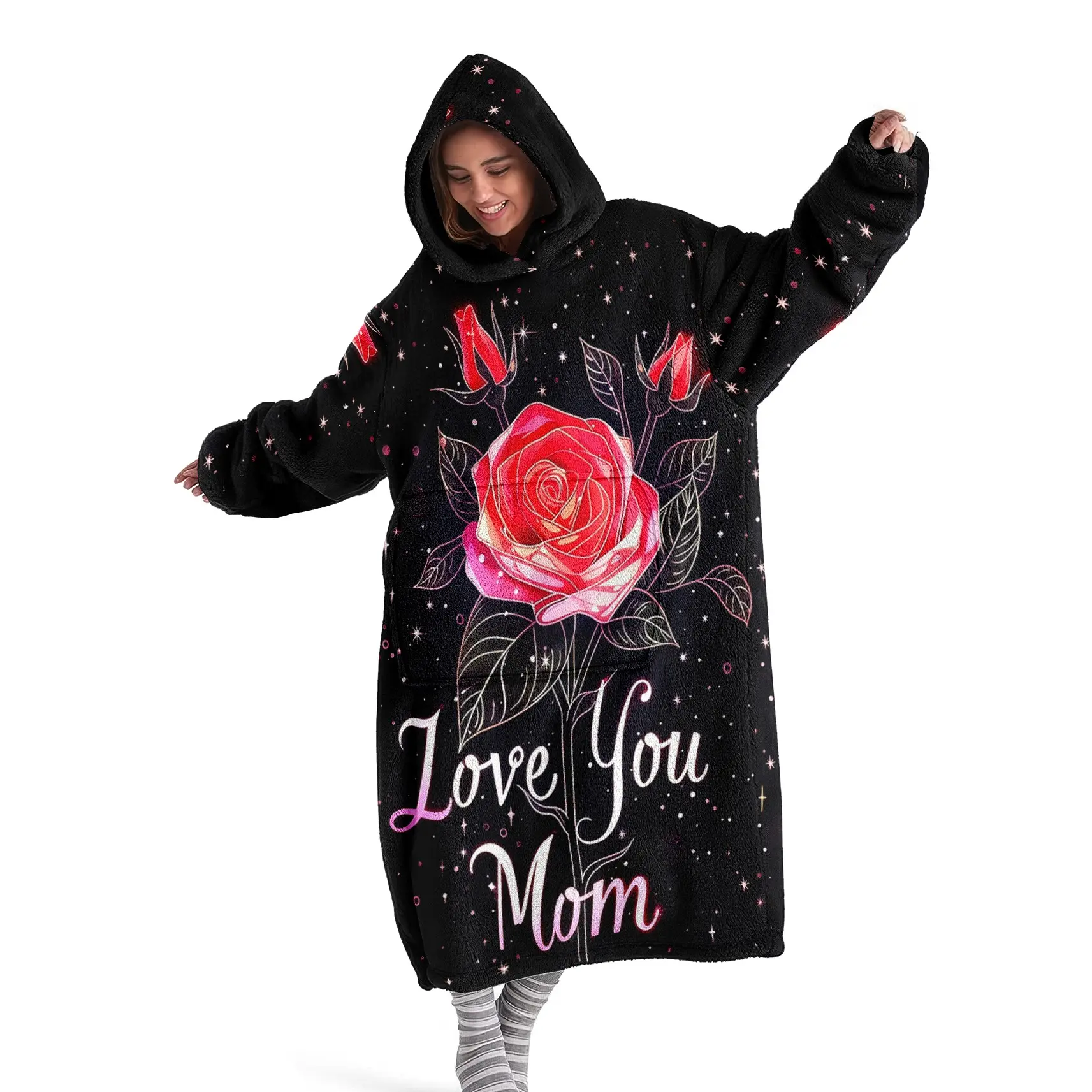Women's Rose Print Hooded Blanket Sweatshirt, Wearable Blanket Robe, Fashion Sleepwear for Home Leisure Hiking Camping