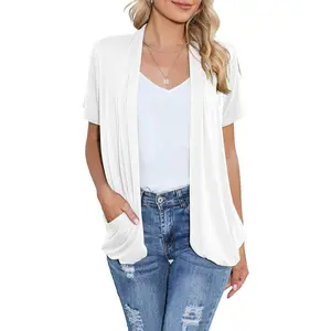 Open Front Cardigan Sweaters for Women with Pockets Lightweight Short Sleeve Ruffle Front Kimono Cardigan Duster