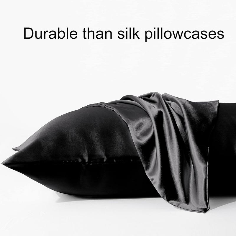 Silk Satin Pillowcases for Hair and Skin - Standard 2 Pack Luxurious 20x26 Inches with Envelope Closure, Black Neck Pillow