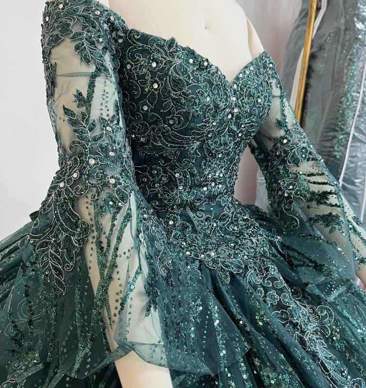 NO.43  Quinceañera Dress Off The Shoulder Bell Sleeves Green Blush Sparkle Tulle Ball Gown Dress