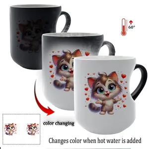 Adorable Kitten with Hearts Magic Color Changing Thermosensitive Mug Drinkware, Cute 11 Oz Ceramic Coffee Mug for Christmas Gifts, Sweet Handle Mug for Friends