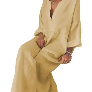 Female Friends Casual Long-Sleeved Dress in Yellow - Loose Fit, Minimalist Style for Summer Womenswear