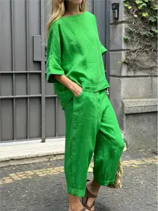 2 Piece Set - Half Sleeve O Neck Top And Loose Pocket Pant
