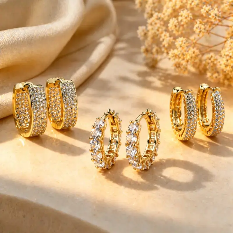 Trending 3PCS Gold CZ Earrings Set, Dainty Huggie Hoop Stud Earrings for Women, Daily Wear Office Party Jewelry, Lightweight Hypoallergenic Sparkling Design, Fashion Earring Stack Gift for Her Mom Girlfriend