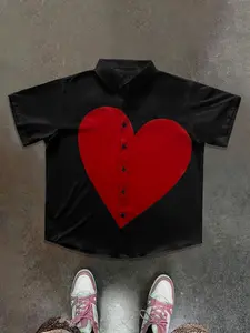 Men's Valentine's Day Themed Heart Print Button Front Shirt, Regular Fit Casual Short Sleeve Collared Shirt for Summer, Men's Top for Daily Wear, Casual Wear Clothing, Menswear