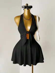 RES Mistrie Women's Solid Color Front Knot Halter Backless Dress