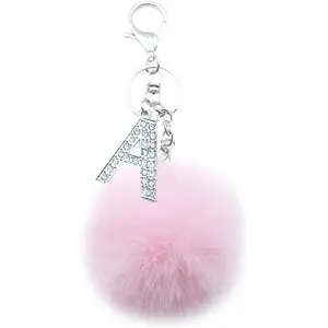 Pom Pom Keychain Artificial Fur Pink Ball Rhinestone Alphabet Letter Key Rings for Car Handbag Charm