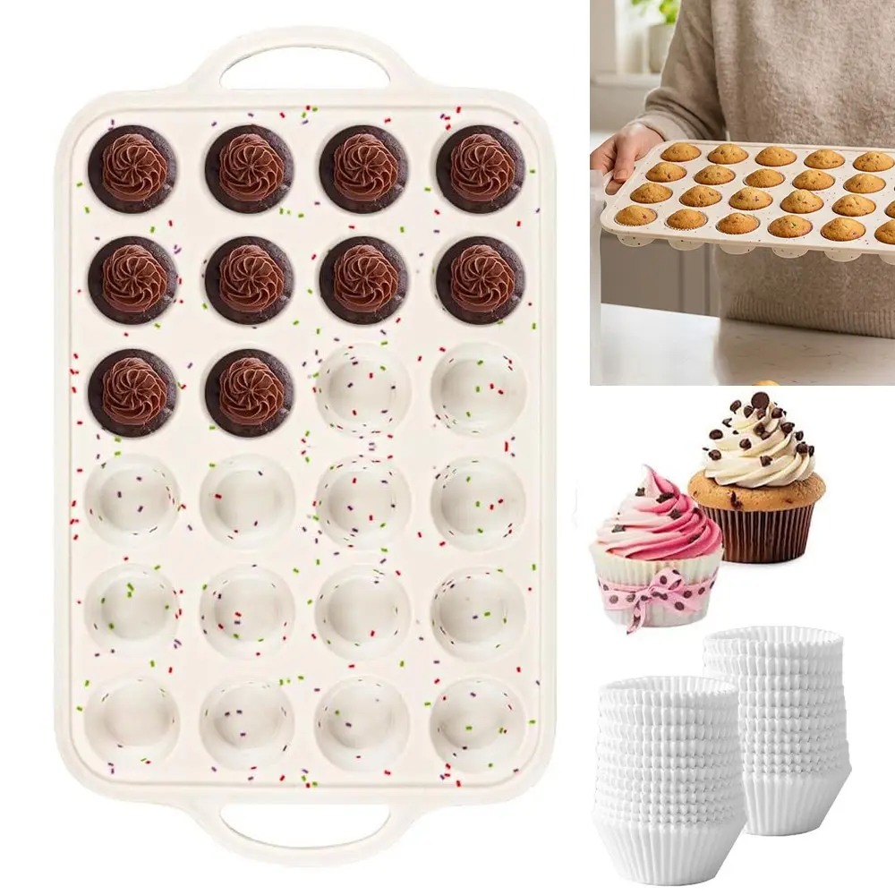 24-Cup Beige with Rainbow Spots Silicone Mini Muffin & Cupcake Pan - Metal-Reinforced Frame, Oven-Safe, BPA-Free, Dishwasher-Safe, Durable, Easy to Release - 1 Pc for Baking, Avid Bakers - Home Improvement, Food Grade