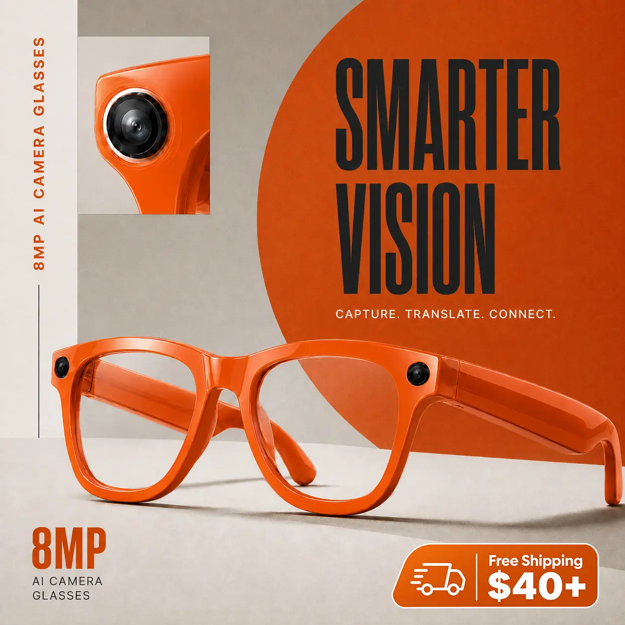 LUSBY Multifunctional Smart Glasses - 3 Interchangeable Lenses, Bluetooth Unisex Adults Fashion Square Recording Glasses, Wearable POV Photo & Video, Real-Time Translation, AI Assistant, Wireless Calling, Open-Ear Music, Lightweight for Travel, Driving