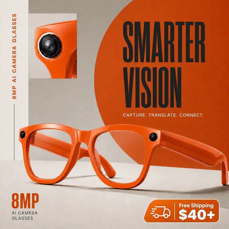 LUSBY Multifunctional AI-Enabled Wireless Portable USB Interface Smart Glasses - 3 Interchangeable Square Lenses, Unisex Adult Fashion, POV Photo/Video Recording, Real-Time Translation, AI Assistant, Open-Ear Music, Lightweight for Travel,Driving, Multifu