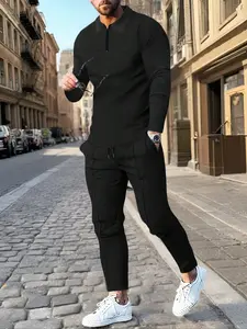 Men's Casual Polyester Set, Collar Design, Plain Stretch Fabric, Pockets and Drawstring Waist, Long Sleeve, Spring & Fall