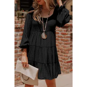 Black Bishop Sleeve Smocked Tiered Mini Dress