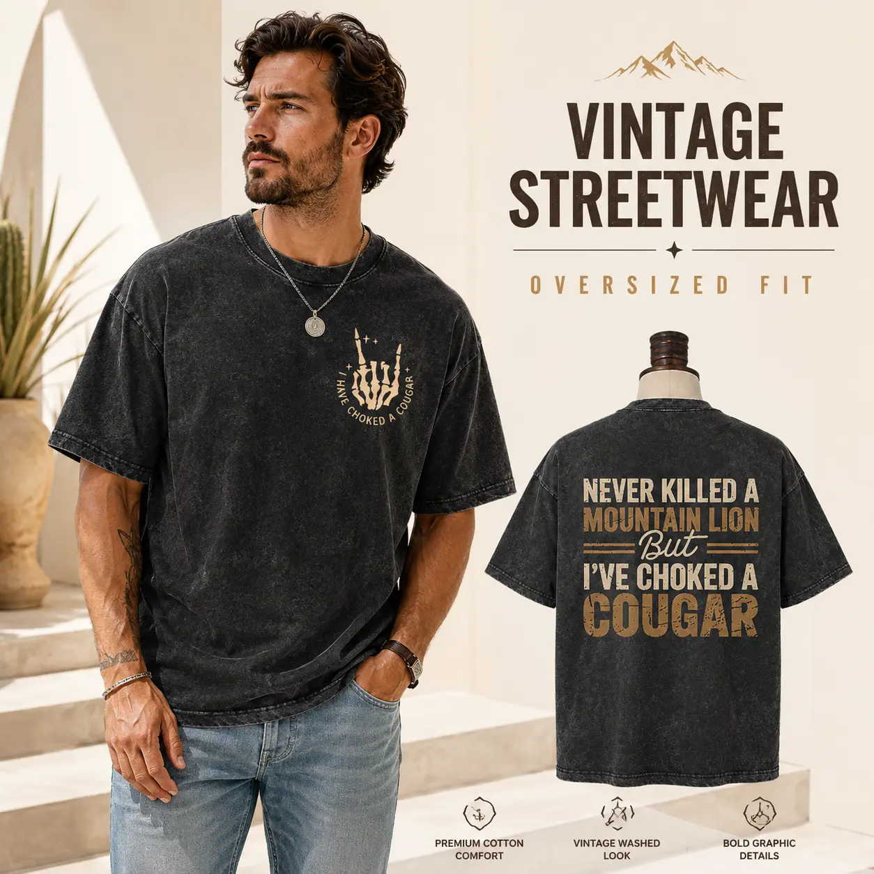 Men’s Vintage Washed Oversized Graphic T-Shirt - Casual Long Lengthened Shortsleeve Tops, Funny Mountain Lion Cougar Slogan, Front & Back Print Loose Fit Streetwear