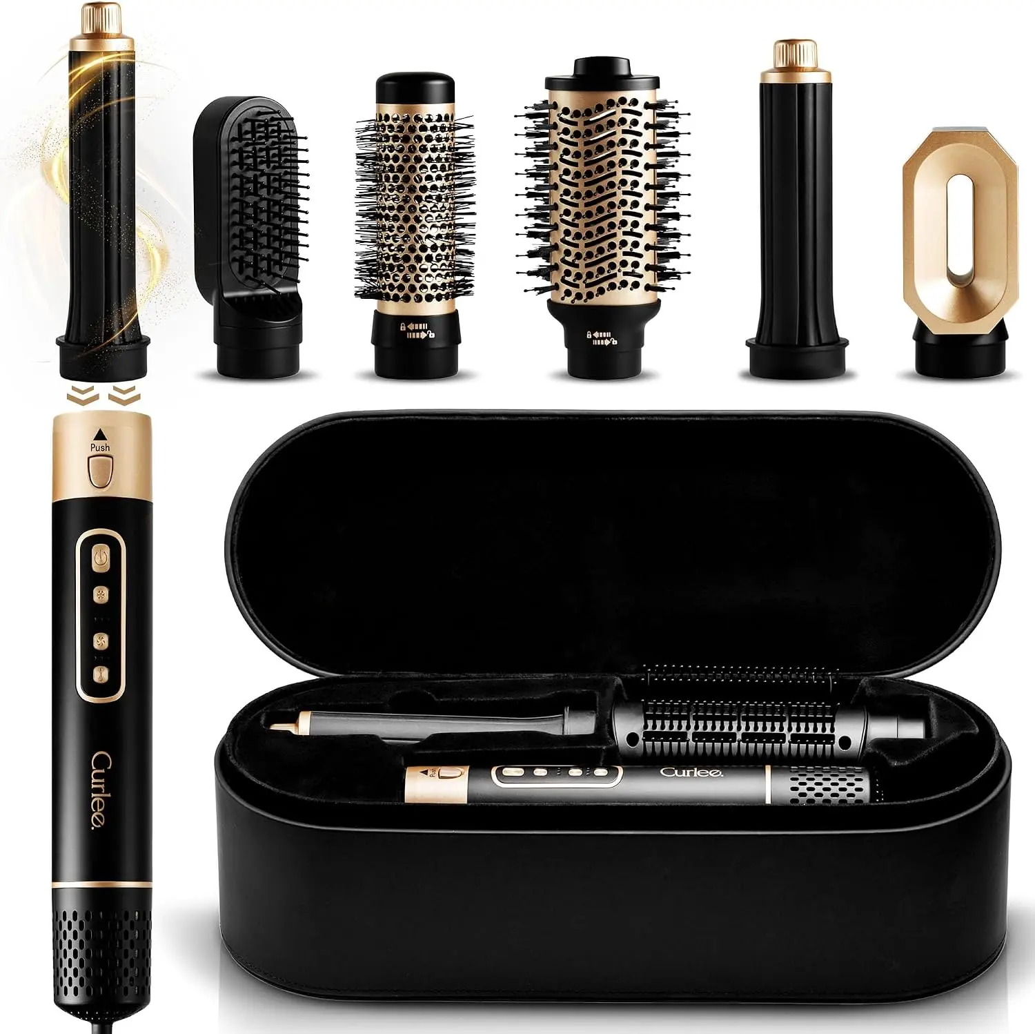 Hair Dryer Brush 6 in 1, 1200W Hot Air Styler Brush with Leather Box, Blow Dryer Volumizer Brush, Curling Iron & Straightener for Smoothing, Volumizing, Curling - Black