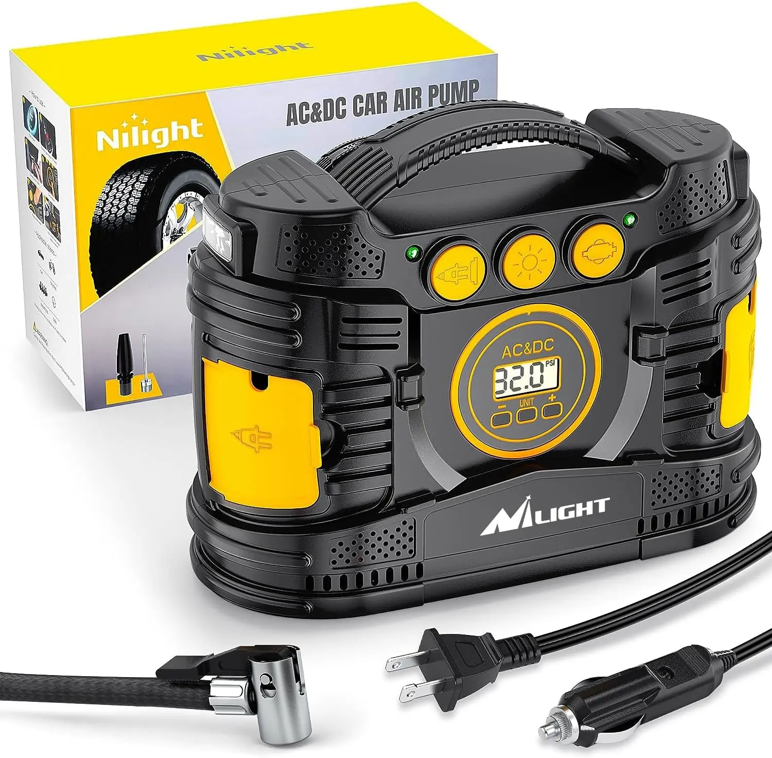 Nilight Tire Inflator Portable Air Compressor Dual Power for Car 12V DC and Home 110V AC Tire Pump w/Tire Pressure Gauge Fast Inflate Auto Shutoff Pump for Car SUV Motorcycle Bicycle, Portable Pump, Compact