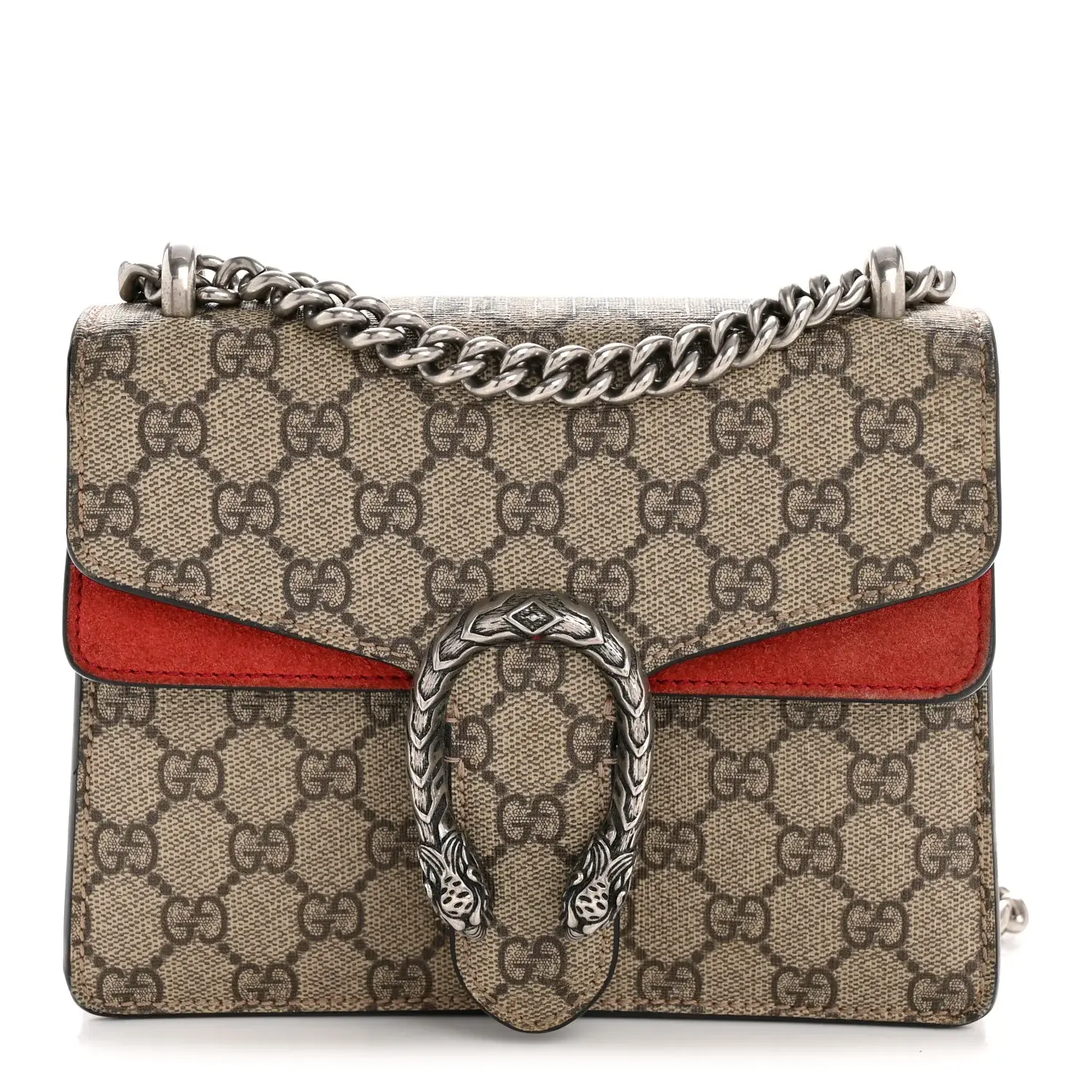 Pre-owned GUCCI GG Supreme Canvas and Suede Shoulder Bags GG Supreme Monogram Suede Mini Dionysus Shoulder Bag Beige Ebony Vulcanic Red