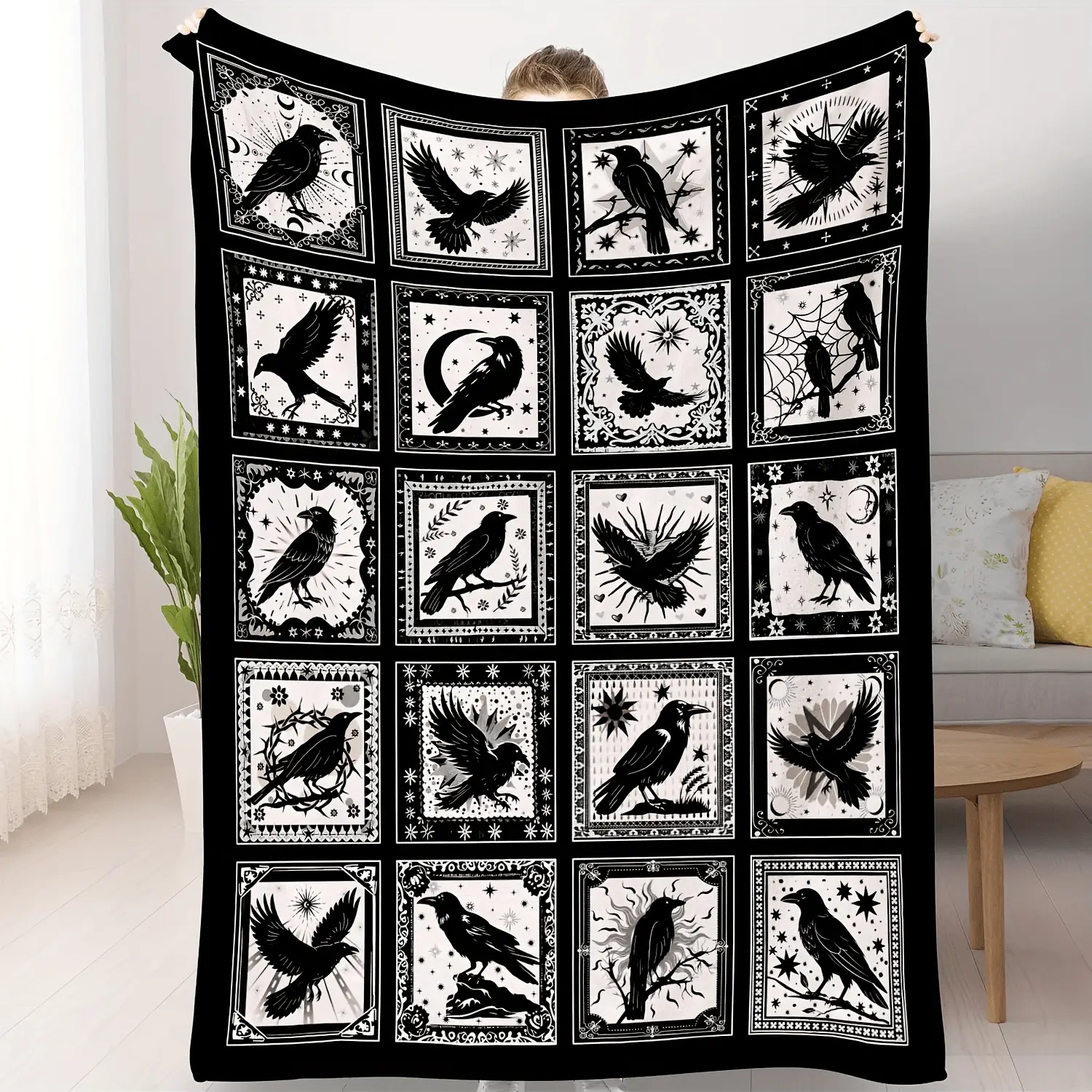 1pc Gothic Raven & Crow Plaid Throw Blanket - Ultra-Soft Flannel, Black with White & Gray Patterns, Perfect for Halloween Decor, Sofa Cover, or Gift for Bird Lovers, Machine Washable, All-Season Comfort, Halloween Decorations