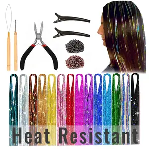| 14 Colors | 5000 Strands | Heat Resistant Hair Tinsel Kit For Girls, Women &  | 48 Inch | One Wooden Threader & Crochet | One Plier | Two Hair Clips | Two Hundred Beads