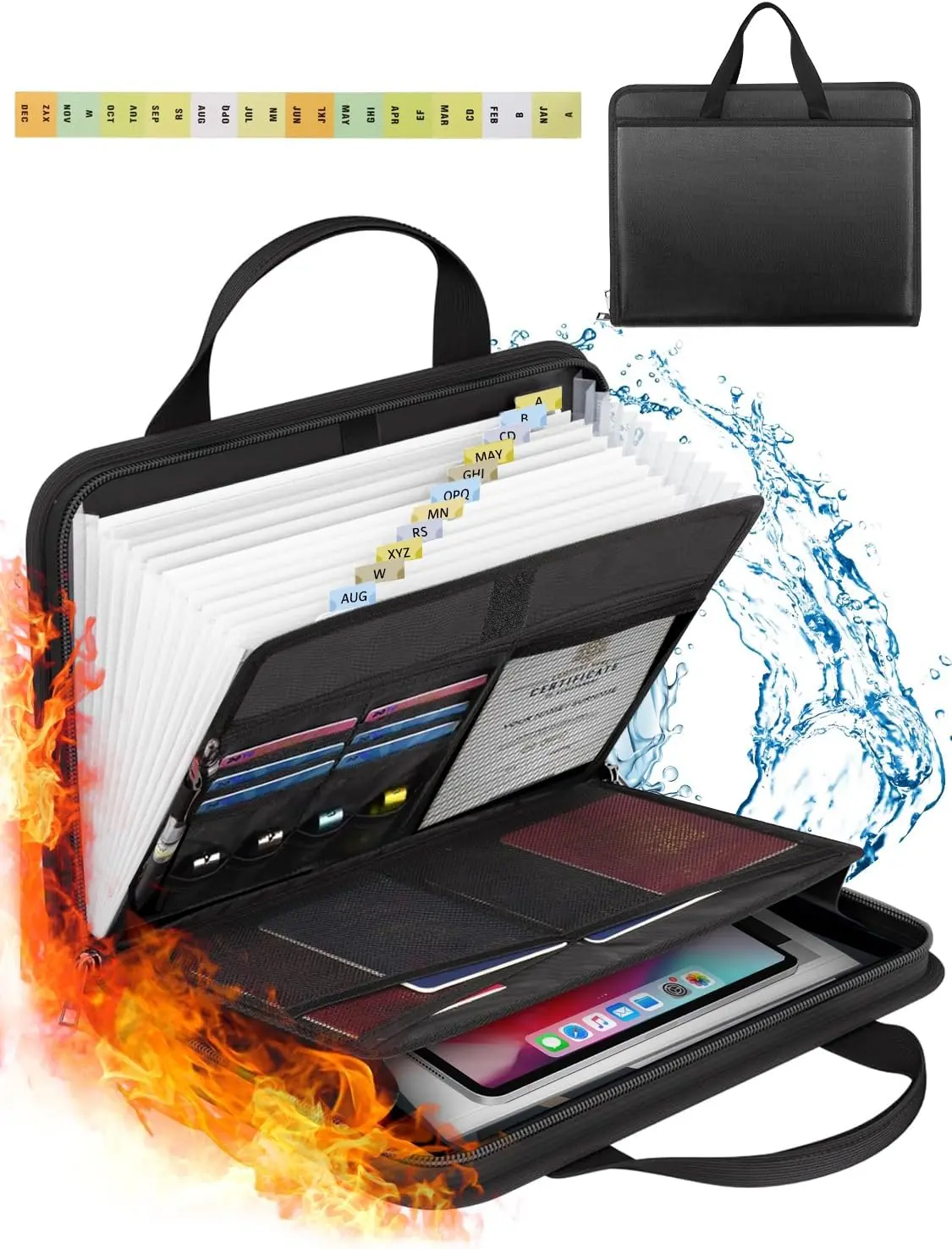 Fireproof Accordion Folder - 13-Pocket Expanding File Folder with Zipper & Labels, Office Accessories, Document Organizer for Business Office Receipt Storage, Black Paper Organizer