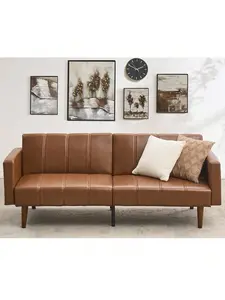Gaomon 75x37 in PU Leather Convertible Futon Sofa Bed - Mid-Century Modern Loveseat with Adjustable Backrest, Side Pockets for Living Room, Brown