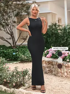 Elegant Solid Color Round Neck Mesh Tailored Tight-Fitting Sleeveless Dress, Sophisticated Bodycon Long Gown for Women Womenswear