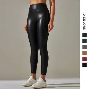 Stretch PU leather pants for women in various colors, with a high waist and a tight fit, suitable for enhancing the buttocks shape. They can be worn as a separate yoga base pant.